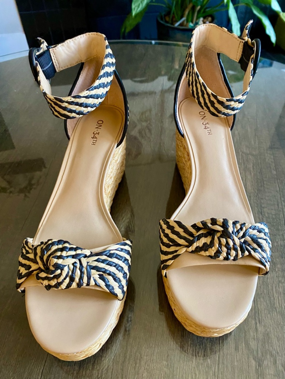 On 34th Black & Natural Braided Espadrille Wedges